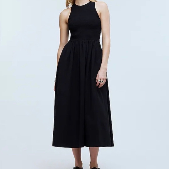 Madewell Dress Womens Medium Black Melody Smocked Poplin Midi Sleeveless - Picture 1 of 13